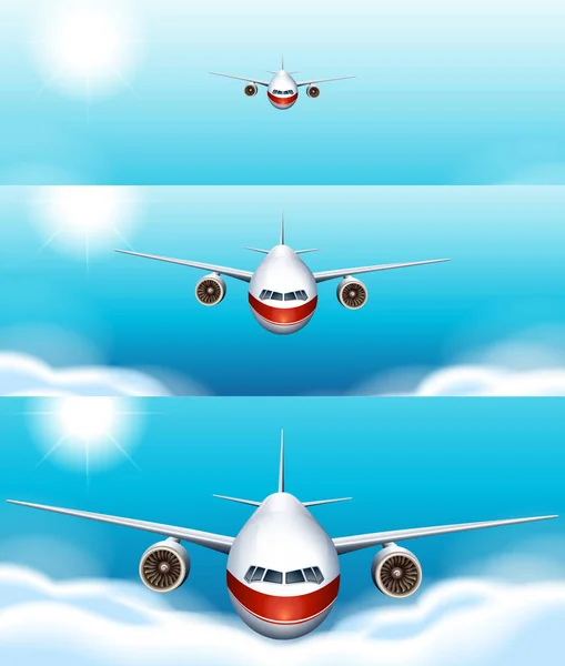 Drei Szenen von Flugzeugen, die am Himmel fliegen — Stockvektor