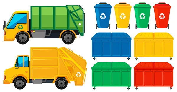Rubbish trucks and cans in many colors — Stock Vector