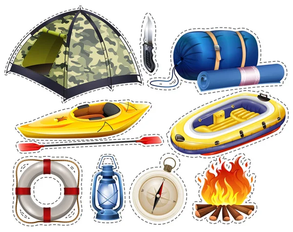 Camping sticker set met tent en slaapzak — Stockvector