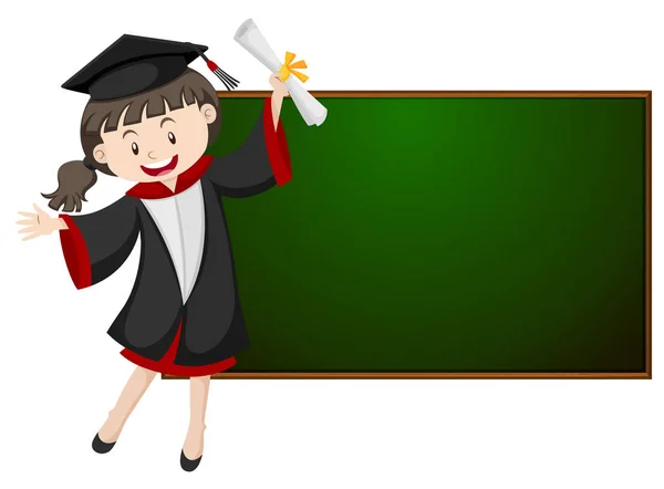 Girl in graduation gown by the blackboard — Stock Vector
