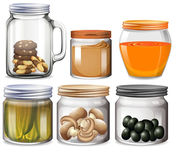 Různé typy potravin ve sklenicích — Stockový vektor