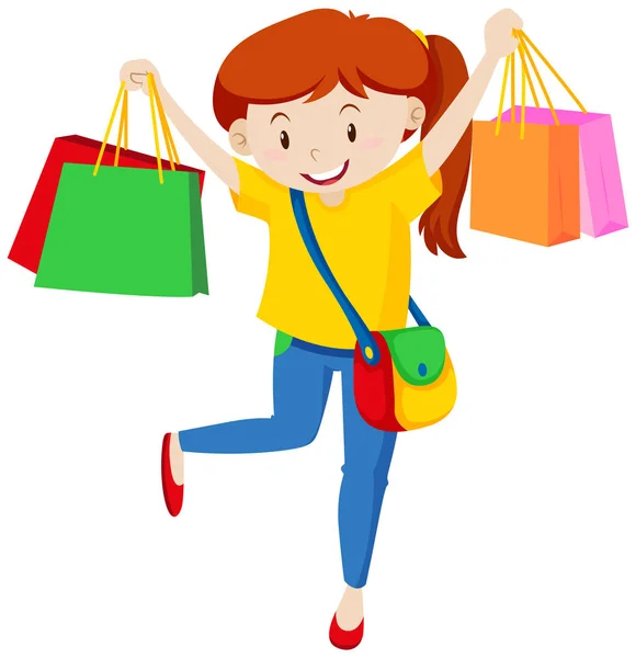 Adolescente con un montón de bolsas de compras — Vector de stock