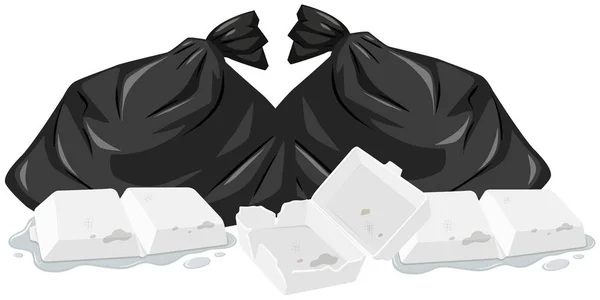 Bolsas de basura negras y cajas de espuma sucia — Vector de stock