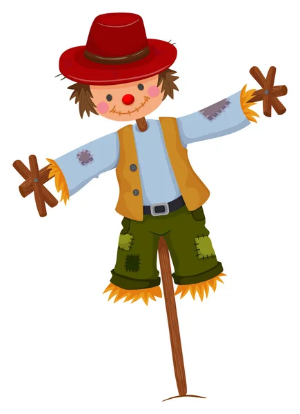 Scarecrow wearing red hat and vest — Stock Vector