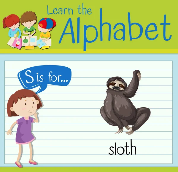 แฟลชการ์ดตัวอักษร S สําหรับ sloth — ภาพเวกเตอร์สต็อก