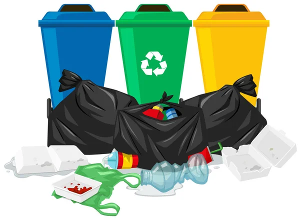 Üç tane çöp kutusu ve çöp torbaları — Stok Vektör