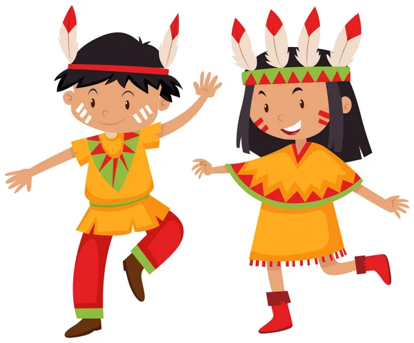 Niño y niña en los indios nativos americanos — Vector de stock