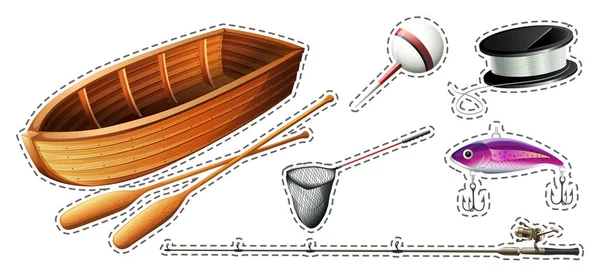 Conjunto de pesca com barco e equipamentos — Vetor de Stock