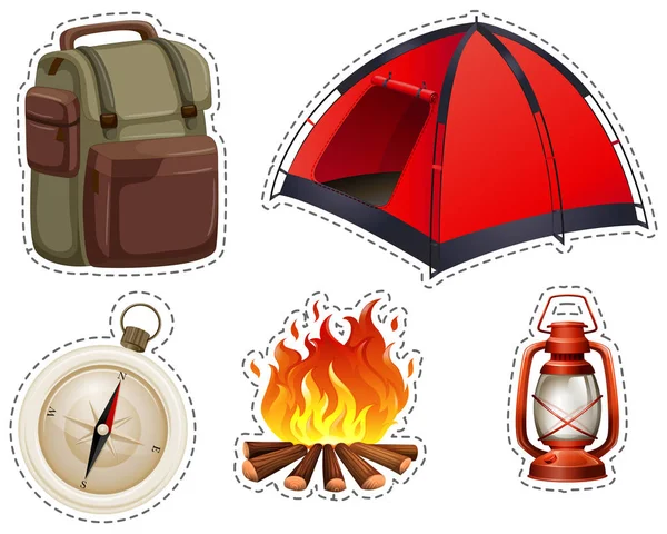 Campingset mit Zelt und Lagerfeuer — Stockvektor