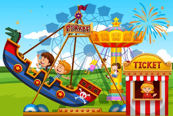 Niños jugando en paseos en el parque de atracciones — Vector de stock