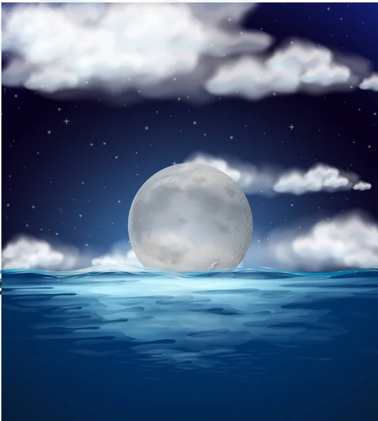 Escena oceánica con luna llena por la noche — Vector de stock