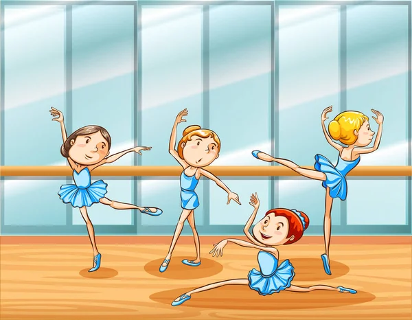 Quatre danseurs de ballet s'entraînent dans la salle — Image vectorielle