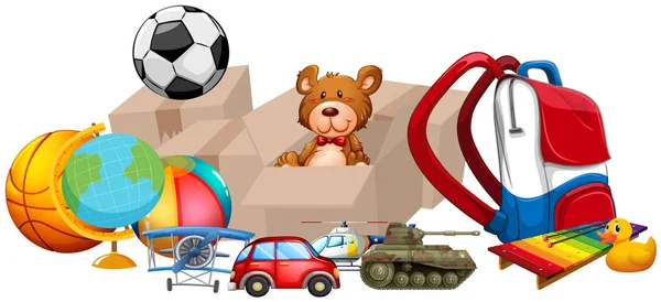Diferentes tipos de juguetes en una pila — Vector de stock