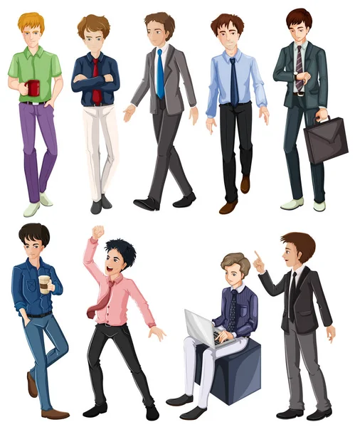 Trabalhadores de escritório masculinos em diferentes ações — Vetor de Stock