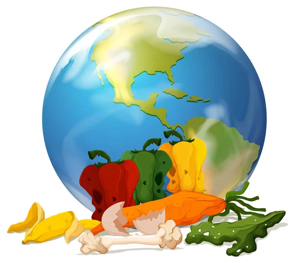 Παγκόσμιο θέμα υπερθέρμανσης του πλανήτη με τη γη και σάπια τρόφιμα — Διανυσματικό Αρχείο