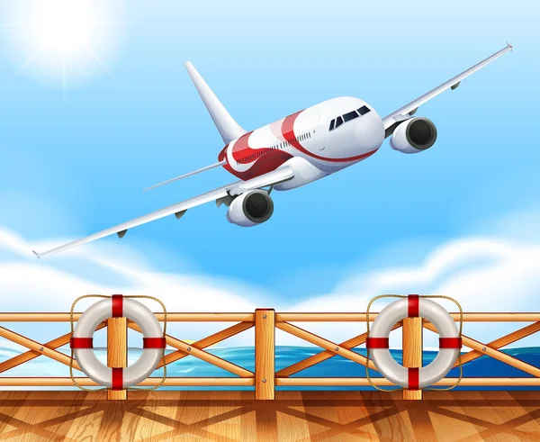 Scene with airplane flying over the bridge — Stock Vector