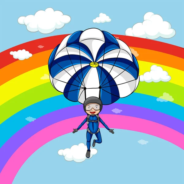 Man parachuting in the sky with rainbow background — Stock Vector