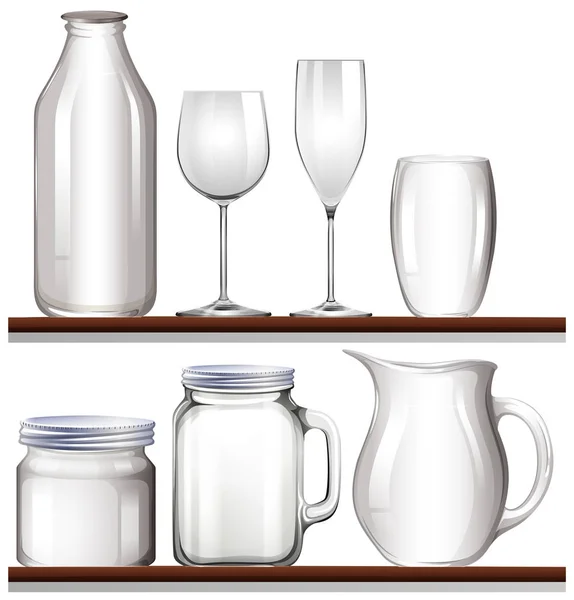 Glasses and bottles on wooden shelves — Stock Vector