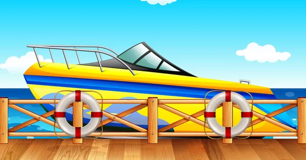 Sebesség csónak park a mólónál — Stock Vector