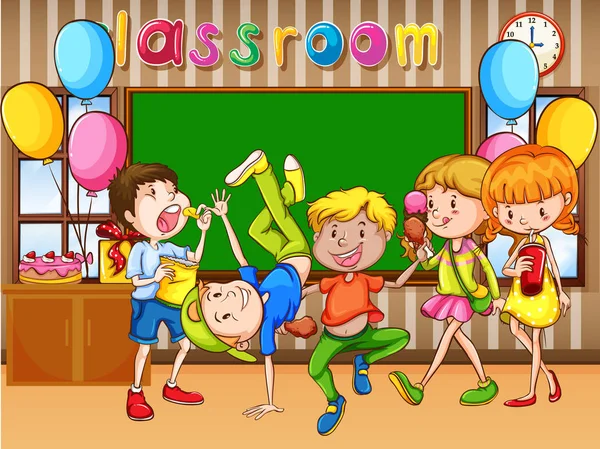 Classroom scene with kids having party — Stock Vector