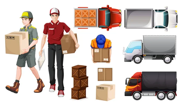 Szállít szolgáltatás, deliveryman és teherautók — Stock Vector