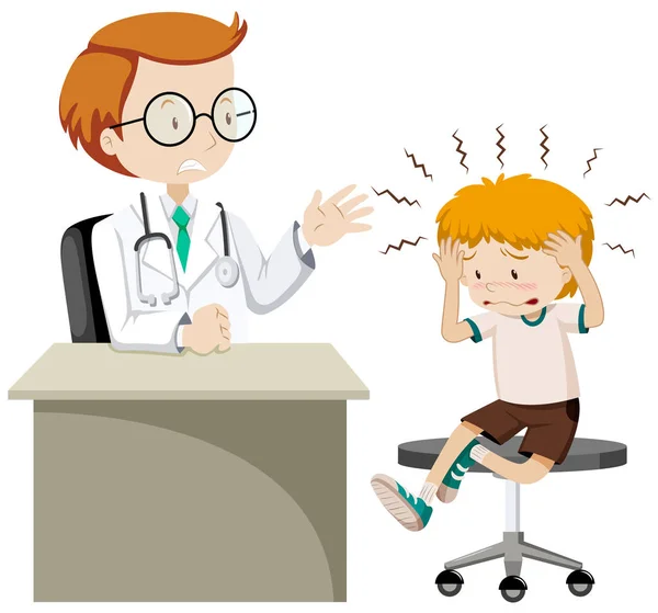 Little boy with headache visiting doctor — Stock Vector