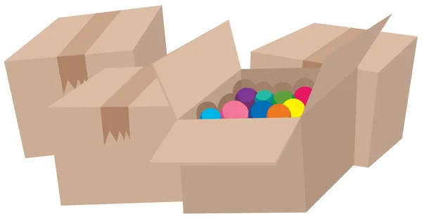 Cuatro cajas de cartón y una con bolas — Vector de stock