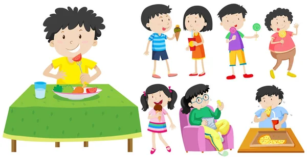 Crianças comendo alimentos saudáveis e insalubres — Vetor de Stock