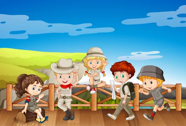 Children in safari costume on the bridge — Stock Vector