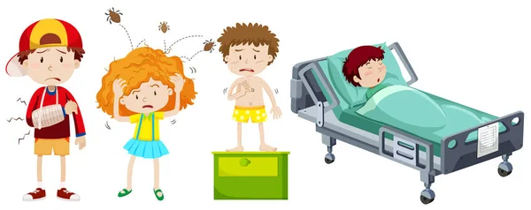 Children being sick from different disease — Stock Vector