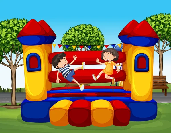 Two kids bouncing on the rubber house — Stock Vector