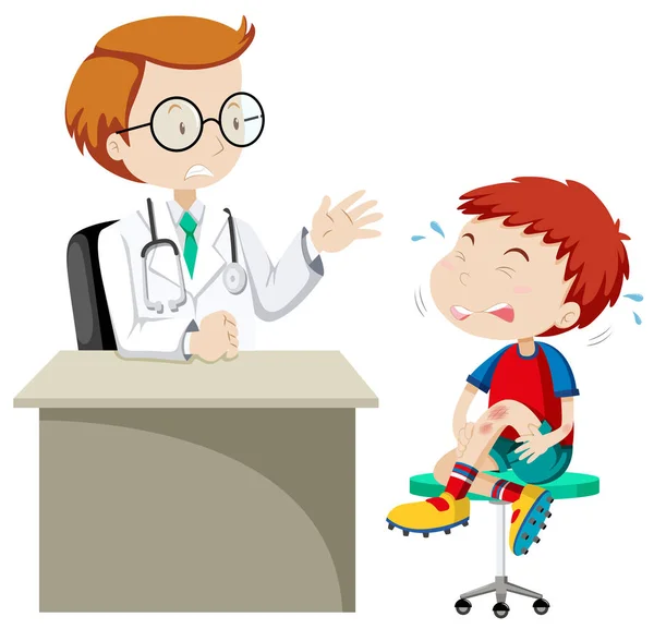 Boy with wounded knee at clinic — Stock Vector
