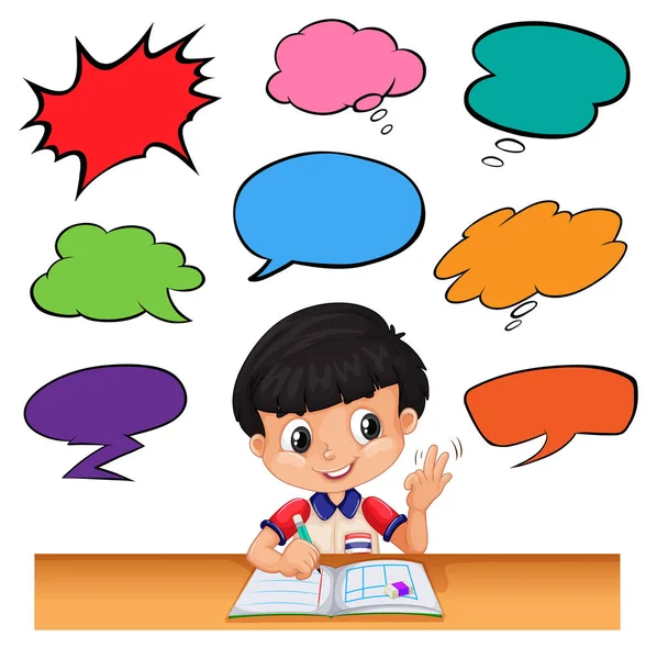 Little boy with different speech bubbles — Stock Vector