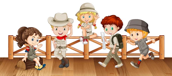 Muchos niños en el puente de madera — Archivo Imágenes Vectoriales