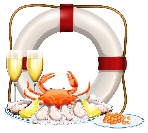 Seafood on plate and two glasses of champagne — Stock Vector