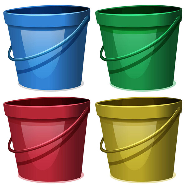 Four buckets of water in four colors