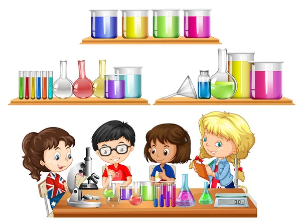 Bambini che fanno esperimenti scientifici e set di becher — Vettoriale Stock