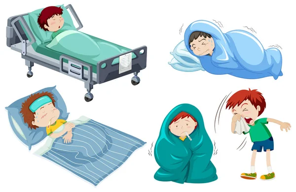 孩子生病躺在床上 — 图库矢量图片