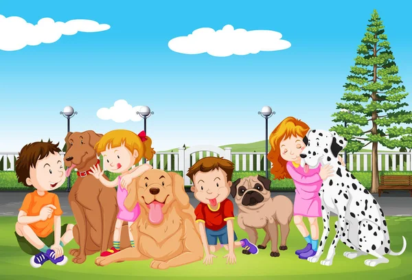 Kids and their pet dogs in the park — Stock Vector