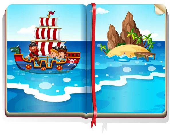 Kniha s dětmi plachtění v oceánu — Stockový vektor