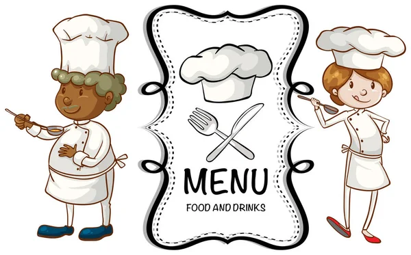 Dos chefs y signo de menú — Vector de stock