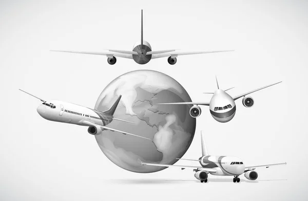 Vliegtuigen vliegen rond de aarde in grijstinten — Stockvector