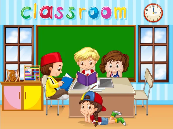 Vier kinderen studeren in de klas — Stockvector