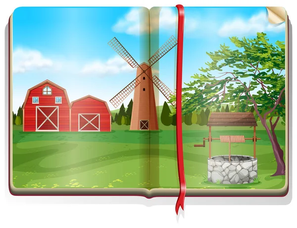 Granja con granero y molino de viento en el libro — Vector de stock