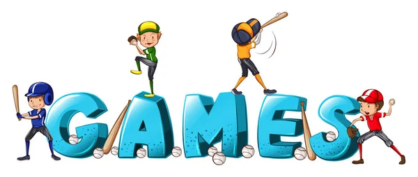 Σχέδιο γραμματοσειρά για word παιχνίδια με άτομα που παίζουν μπέιζμπολ — Διανυσματικό Αρχείο