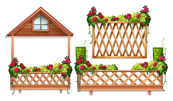Fence design with roses and bush — Stock Vector