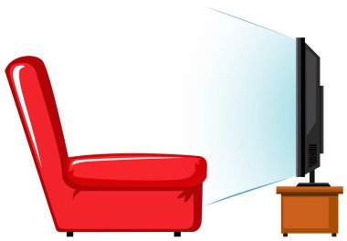 Kırmızı koltuk ve masa televizyonda