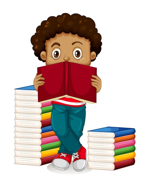 Menino afro-americano leitura livros — Vetor de Stock