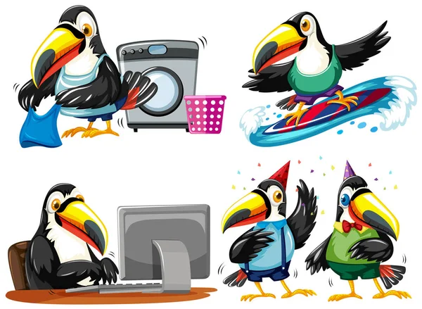 Toucan doing different activities — Stock Vector