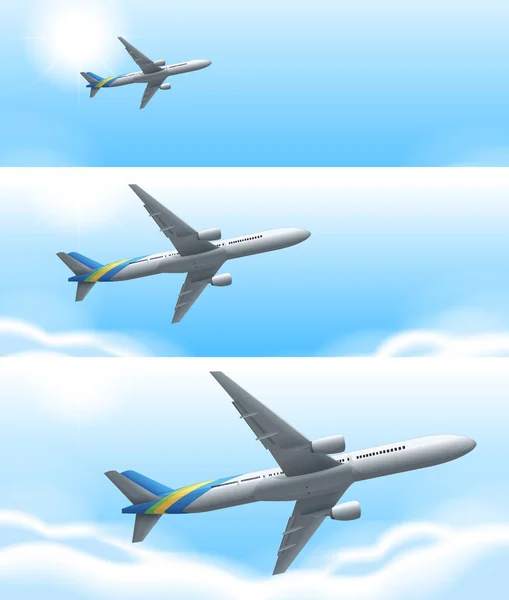 Tres escenas de avión volando en el cielo — Vector de stock